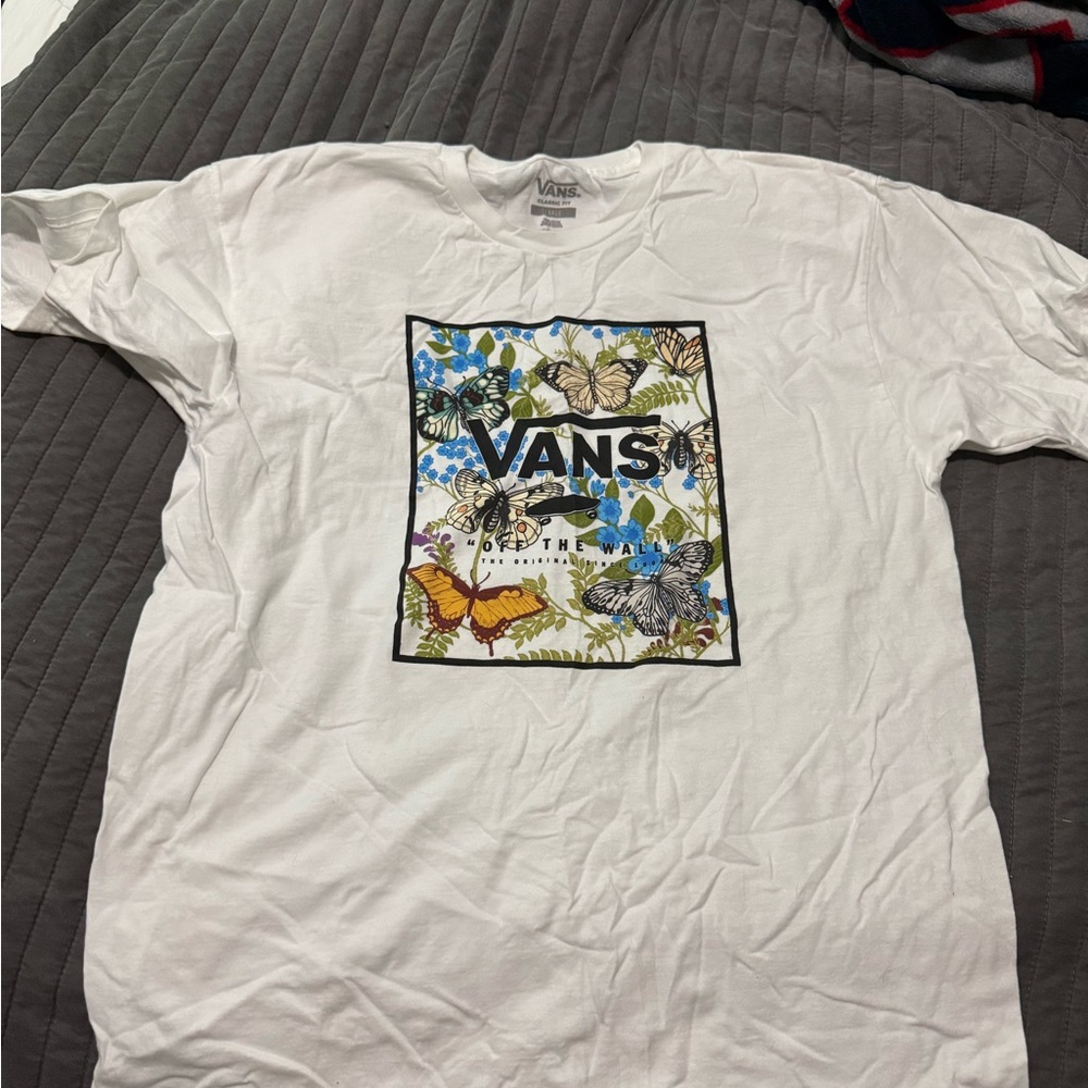 Vans White T-Shirt with Butterfly and Leaf Design